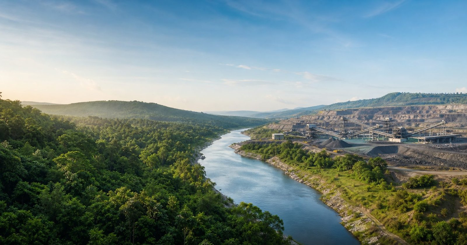 Mining landscape with a river and mineral-processing facilities